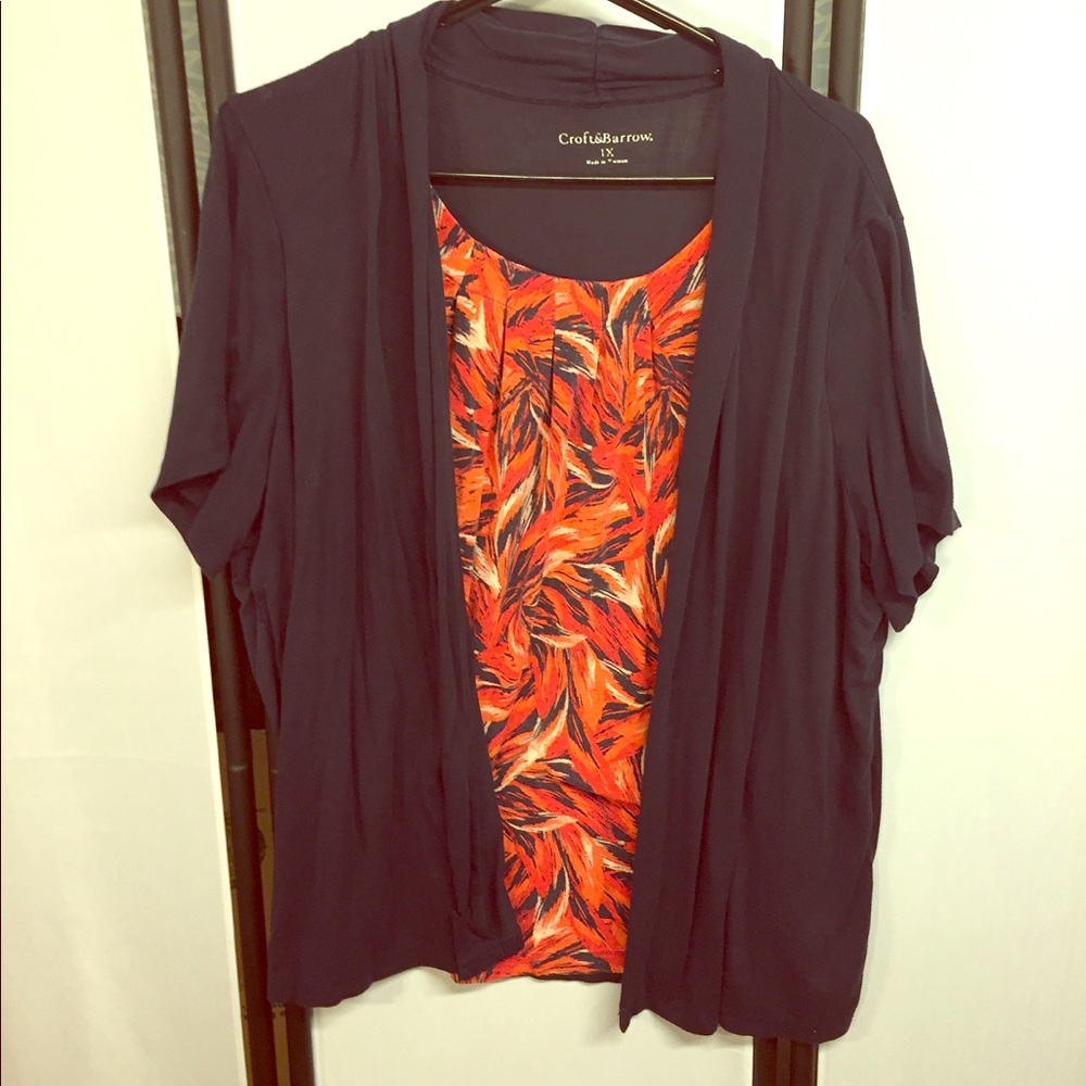 Croft & Barrow Navy and Coral Patterned 2-in-1 Top